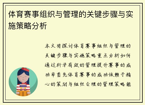 体育赛事组织与管理的关键步骤与实施策略分析