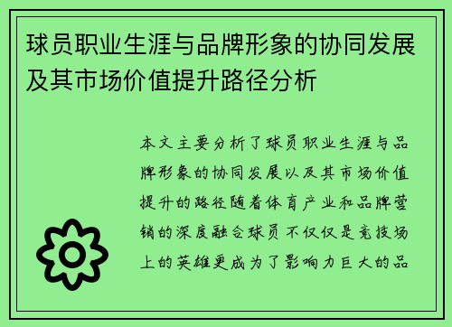 球员职业生涯与品牌形象的协同发展及其市场价值提升路径分析