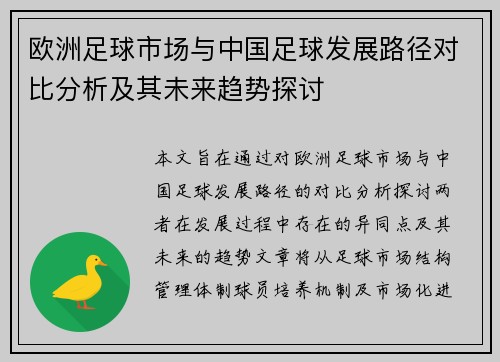欧洲足球市场与中国足球发展路径对比分析及其未来趋势探讨 欧洲足球市场与中国足球发展路径对比分析及其未来趋势探讨