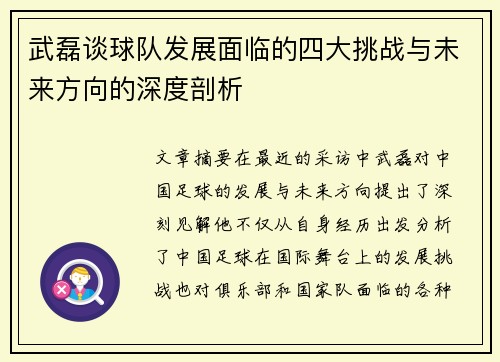 武磊谈球队发展面临的四大挑战与未来方向的深度剖析